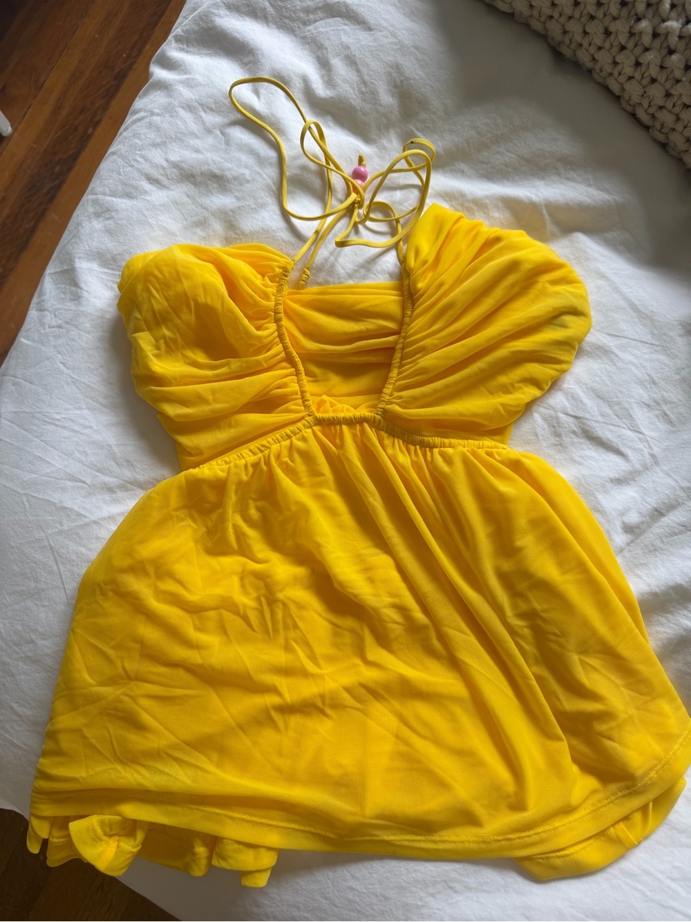 STAUD Lizzie Bright Yellow Ruched Spaghetti Strap Halter Top - Picture 2 of 7